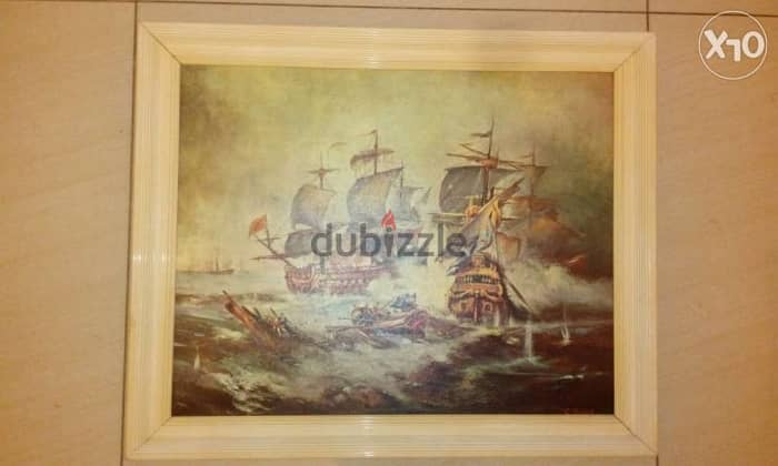 vintage G. Chiabert "NAVAL BATTLE" fine art print plus wooden frame50*6 1