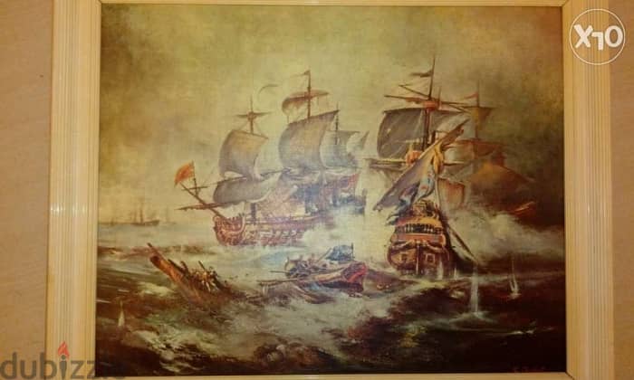 vintage G. Chiabert "NAVAL BATTLE" fine art print plus wooden frame50*6 2