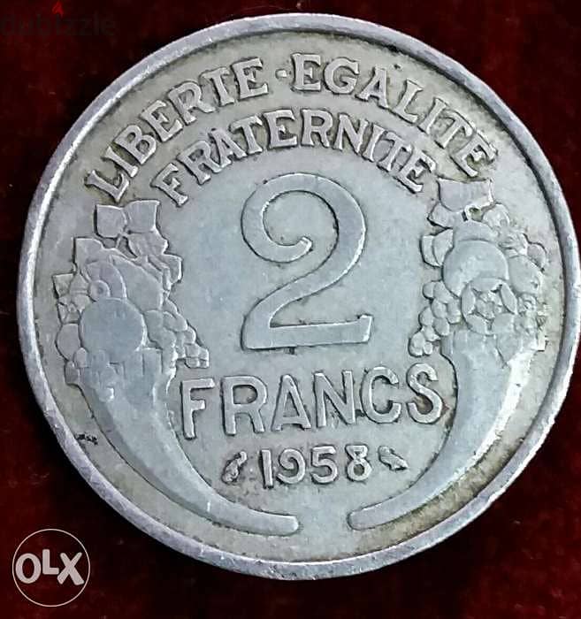 2 French Francs. Morlon Franc year 1958 Beaumont le Roger Aluminum 1