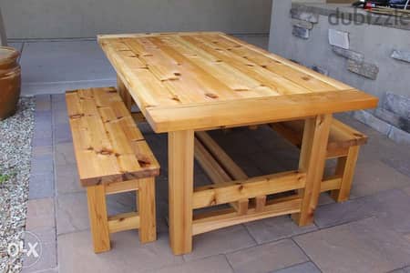 wood table with 2 banches طاولة خشب مع بنك عدد٢