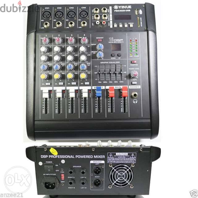 mixer powered 500 watt,4 input mic+4 line + usb play,jdid bel cartouni 1