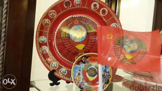 USSR Handmade Memorial plates diam20 cm & 8 cm + Small USSR Flag
