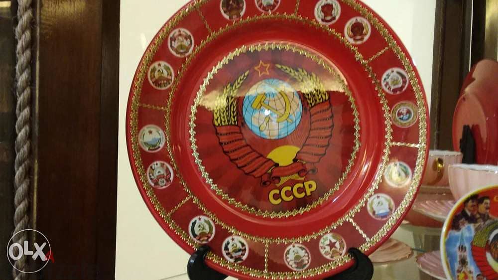 USSR Handmade Memorial plates diam20 cm & 8 cm + Small USSR Flag 2