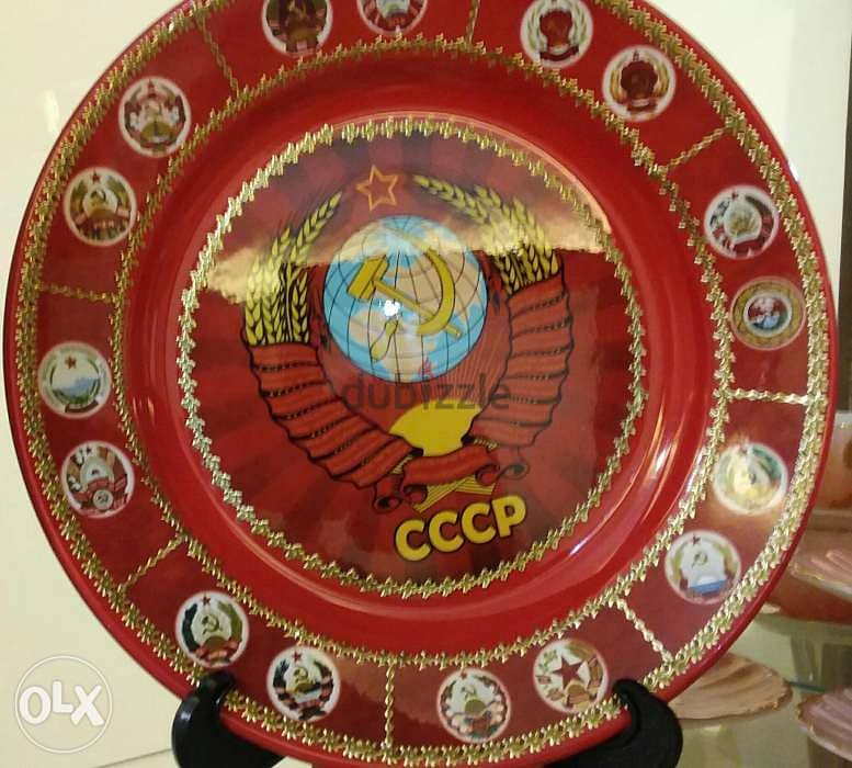 USSR Handmade Memorial plates diam20 cm & 8 cm + Small USSR Flag 3