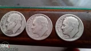 3 silver USA Rosvelt Dimes year 1946 & 1954& 1958 0
