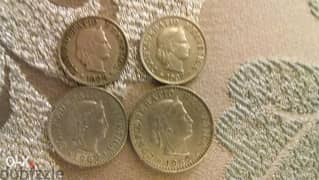 Set of Four Swiss Francs coins year 1929 and up