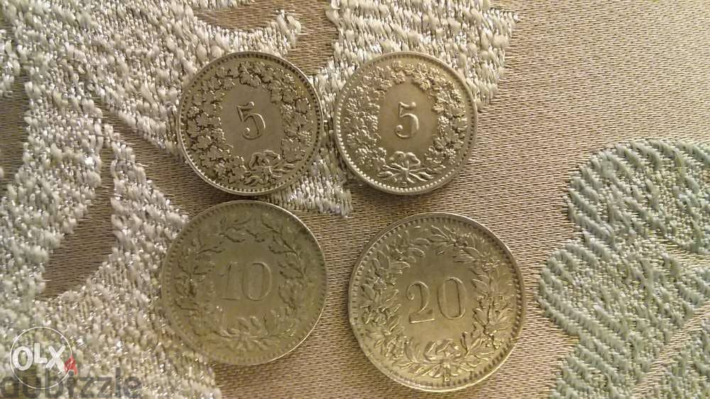 Set of Four Swiss Francs coins year 1929 and up 1