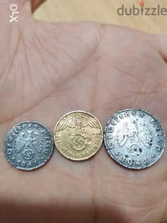 set of three German Nazi coins of WW2 era of the 3rd Adolph Hitler
