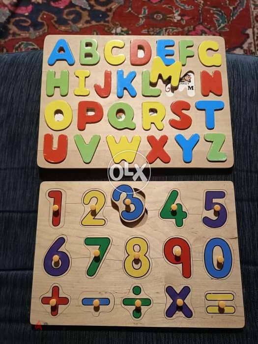 2 toys in wood for kids alphabet and numbers for 15 dollars only 0