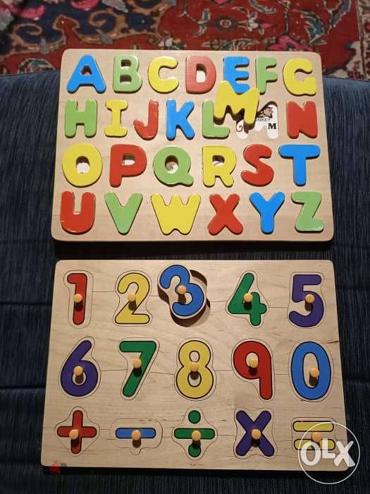 2 toys in wood for kids alphabet and numbers for 15 dollars only 1