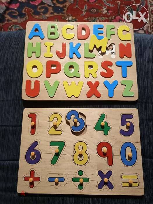 2 toys in wood for kids alphabet and numbers for 15 dollars only 2