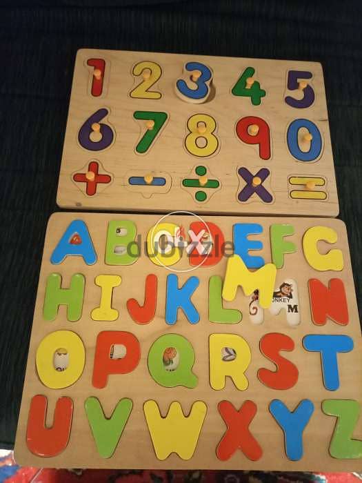 2 toys in wood for kids alphabet and numbers for 15 dollars only 4