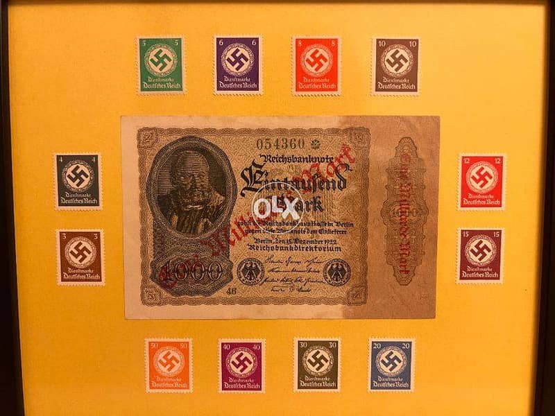 Framed 1922 One Billion Deutsch Mark Note with Third Reich MNH Stamp 1