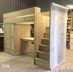 Wood modern bed and closet with stairs rustic handmade تخت خشب أطفال 0
