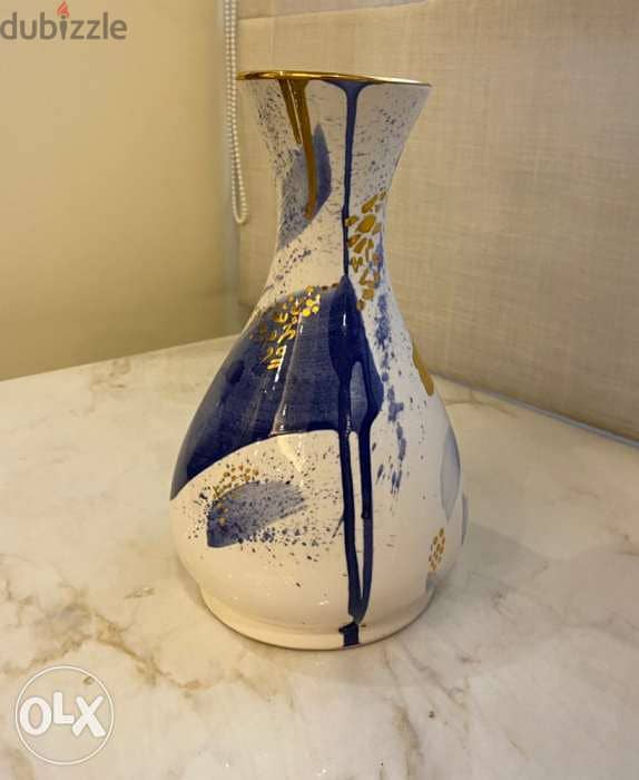 Beautiful handmade white, blue and gold vase 0