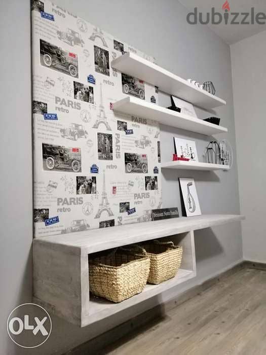 TV stand with rustic shelves and fabrics wood ستاند تلفزيون مع تنجيد 1