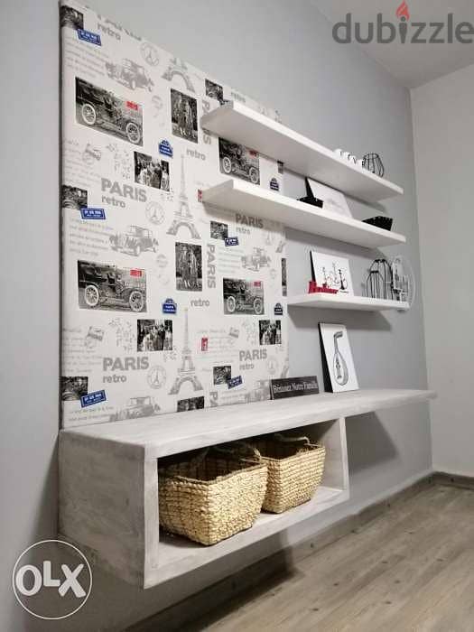 TV stand with rustic shelves and fabrics wood ستاند تلفزيون مع تنجيد 2