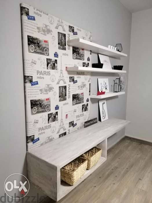 TV stand with rustic shelves and fabrics wood ستاند تلفزيون مع تنجيد 4