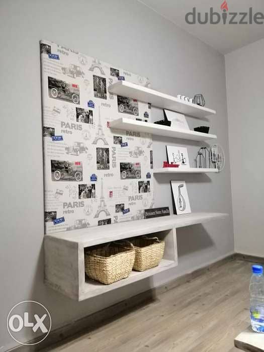 TV stand with rustic shelves and fabrics wood ستاند تلفزيون مع تنجيد 5