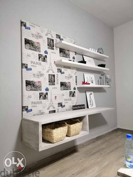 TV stand with rustic shelves and fabrics wood ستاند تلفزيون مع تنجيد 6