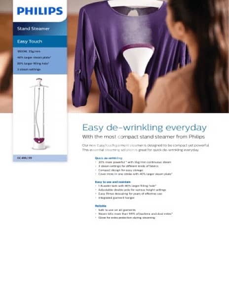 Philips 1600w Easy Touch Stand Garment Steamer GS482 8