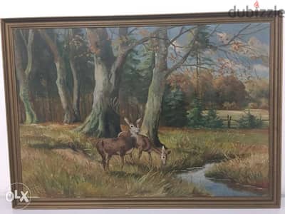 mid century European oil deer forest signed