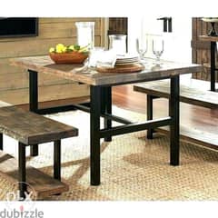 Square wood and metal table طاولة مربع مع بنك حديد وخشب 0