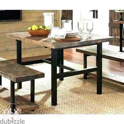 Square wood and metal table طاولة مربع مع بنك حديد وخشب