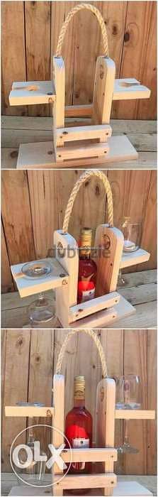 Hand bottle and glasses wood creative stand ستاند قنينة وكأس خشب