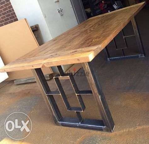 Old style wood and metal dining table طاولة سفرة ستايل قديم خشب وحديد 0