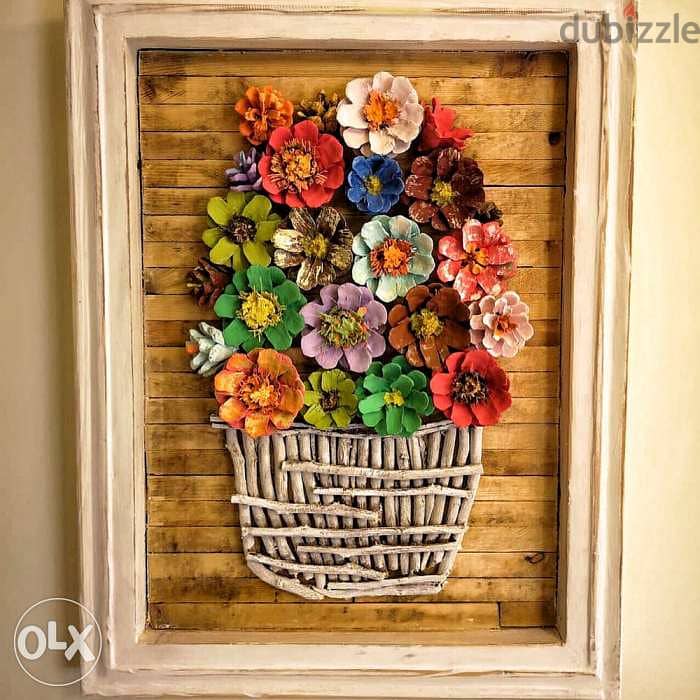 Handmade flowers basket wood framed 0
