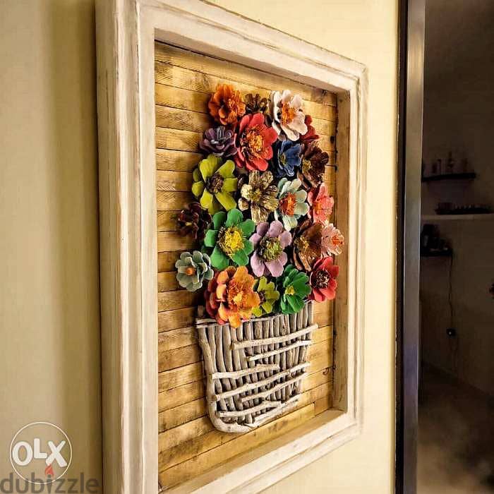Handmade flowers basket wood framed 1