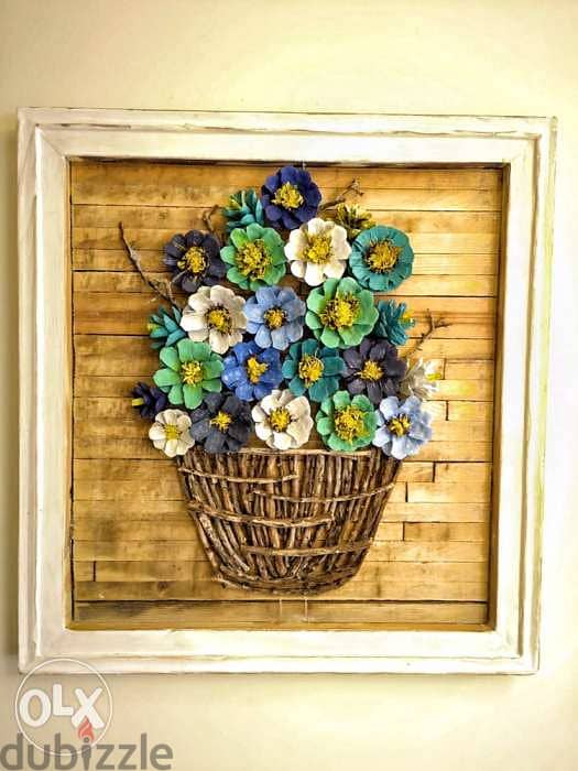 Handmade flowers basket wood framed 2