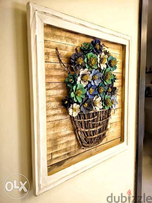 Handmade flowers basket wood framed 3