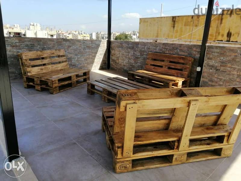 Outdoor three pallets banches with table بنك طبالي عدد ٣ مع طاولة 0