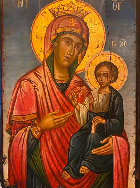 antique greeck 19th century icon holy mother and Jesus 3