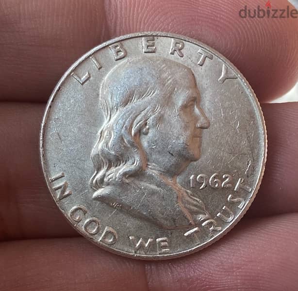 عملة نص دولار فضة اميركي بحالة رائعة فرانكلين سنة ١٩٦٢ 0