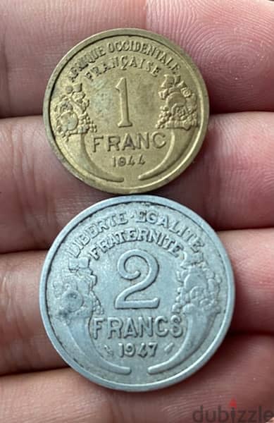 عملتين ١ و ٢ فرنك فرنسي سنة ١٩٤٤ و ١٩٤٧ 1