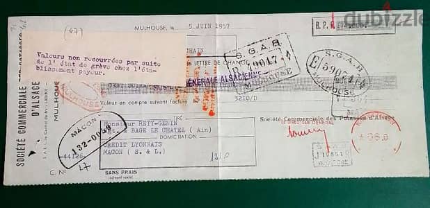 France 1957 old document Lot# FRDC-21  كمبيالة فرنسية قديمة