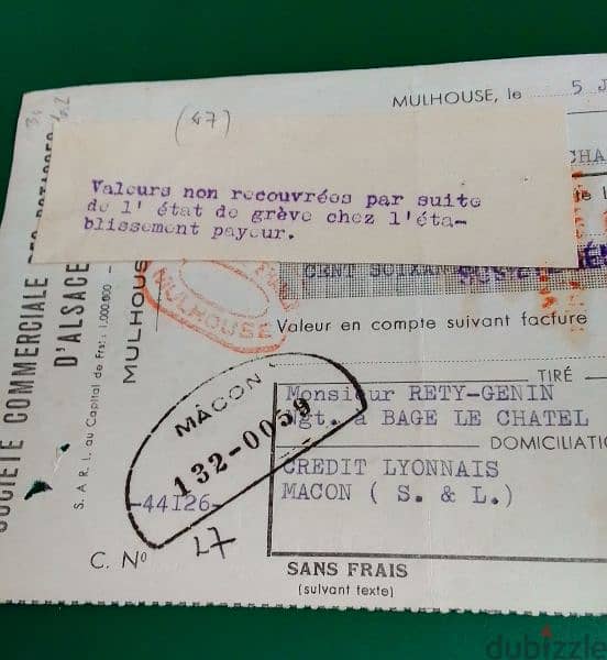 France 1957 old document Lot# FRDC-21  كمبيالة فرنسية قديمة 2