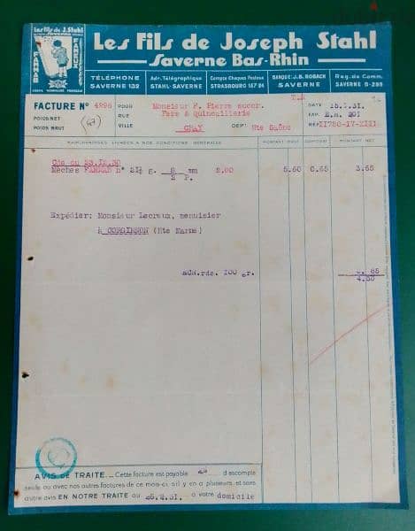 1931 France old document Les Fils De Joseph Stahl  فاتورة فرنسية 0