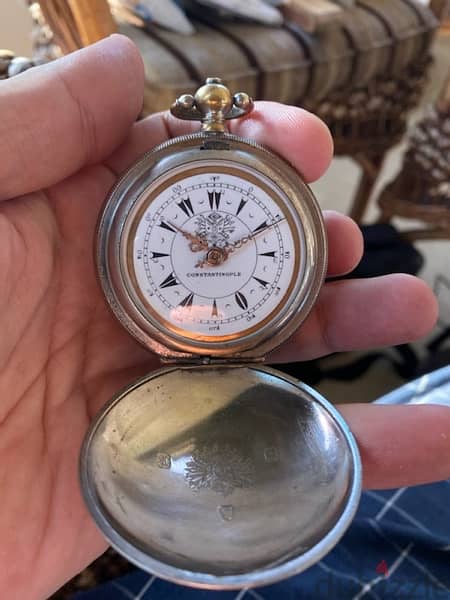 ساعة جيب عثمانية قديمة صناعة القسطنطينية مدموغ شعار الدرع العثماني 1
