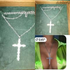necklace silver tone necklace chain cross strass