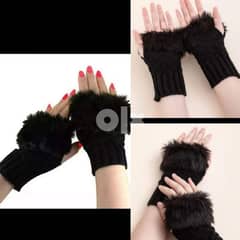 wool half fingers gloves with black fur