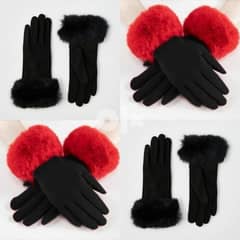 black gloves trimed fur red/ black