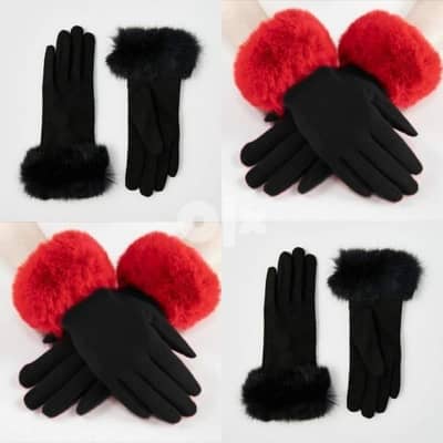 black gloves trimed fur red/ black