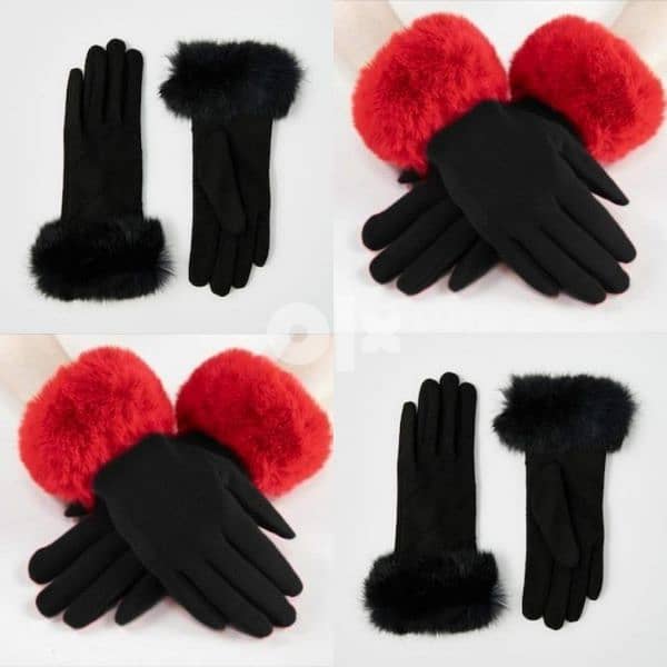 black gloves trimed fur red/ black 0