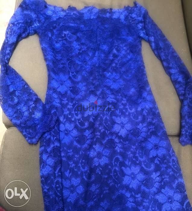 navy blue short dress; long sleeve, فستان لون نيلي مميّز مع دنتال 0