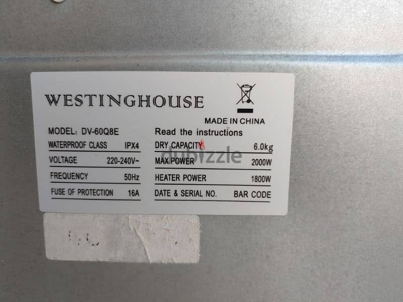 Westinghouse 6kg American dryer. نشافة أمريكية 2