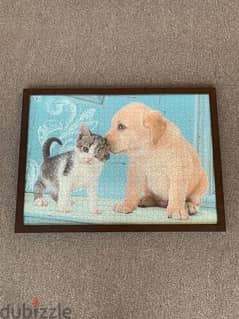 Puzzle Dog & cat with a wooden frame and glass